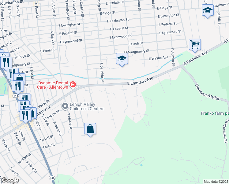 map of restaurants, bars, coffee shops, grocery stores, and more near 410 Yeker Farm Lane in Allentown
