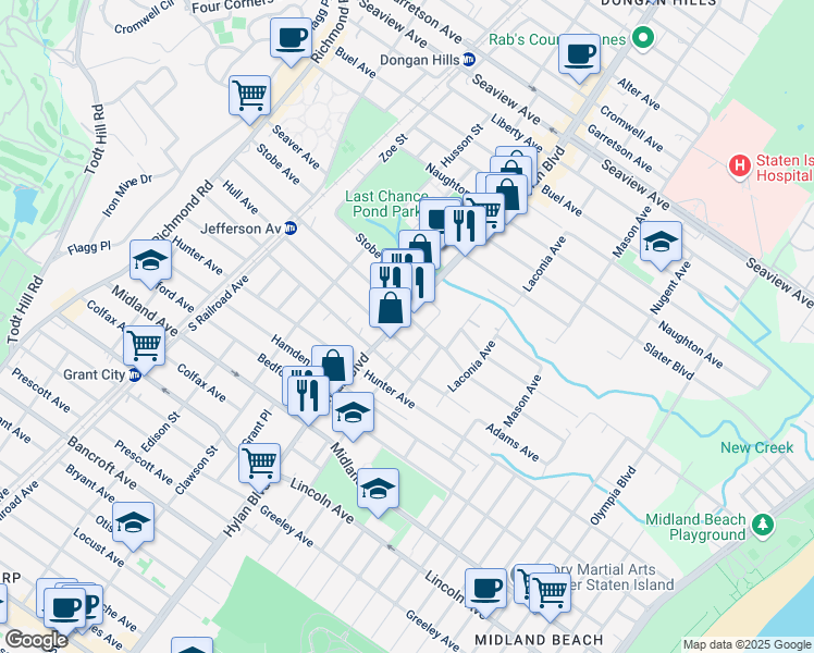 map of restaurants, bars, coffee shops, grocery stores, and more near 2000 Hylan Boulevard in Staten Island
