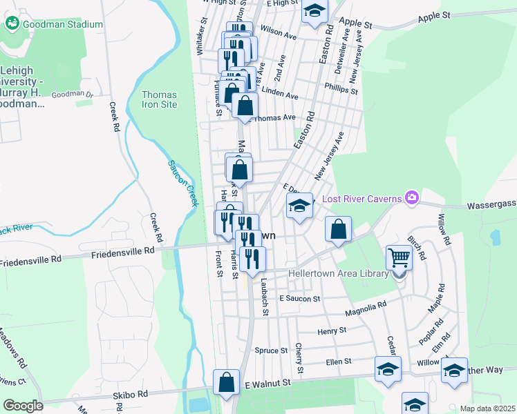 map of restaurants, bars, coffee shops, grocery stores, and more near 741 Main Street in Hellertown
