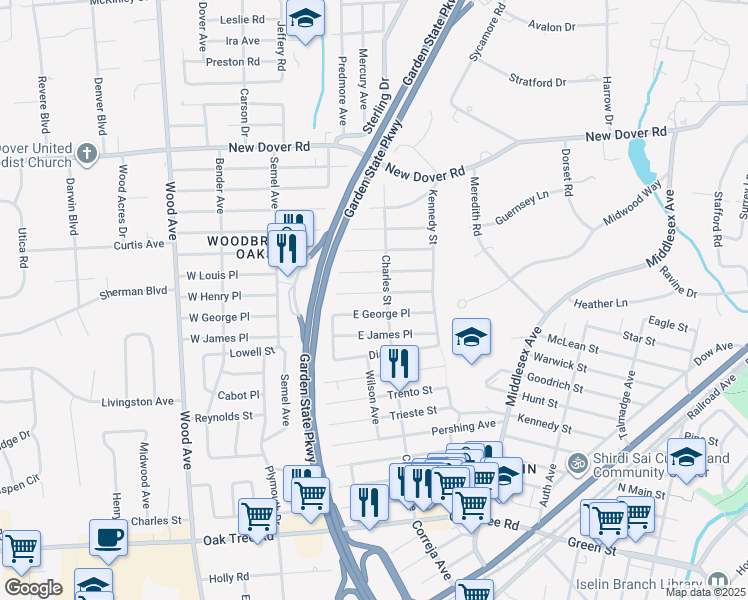 map of restaurants, bars, coffee shops, grocery stores, and more near 335 Charles Street in Woodbridge Township