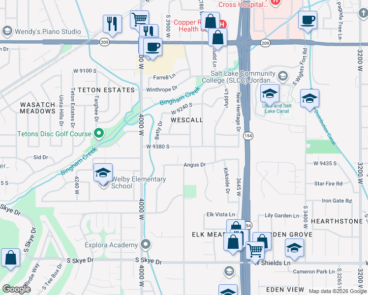 map of restaurants, bars, coffee shops, grocery stores, and more near 3843 9380 South in West Jordan