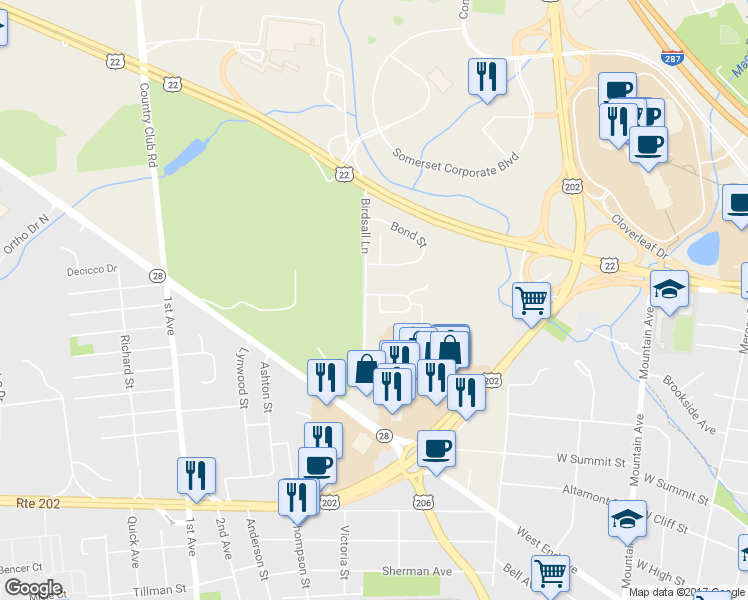 map of restaurants, bars, coffee shops, grocery stores, and more near 101 Tunison Lane in Bridgewater Township