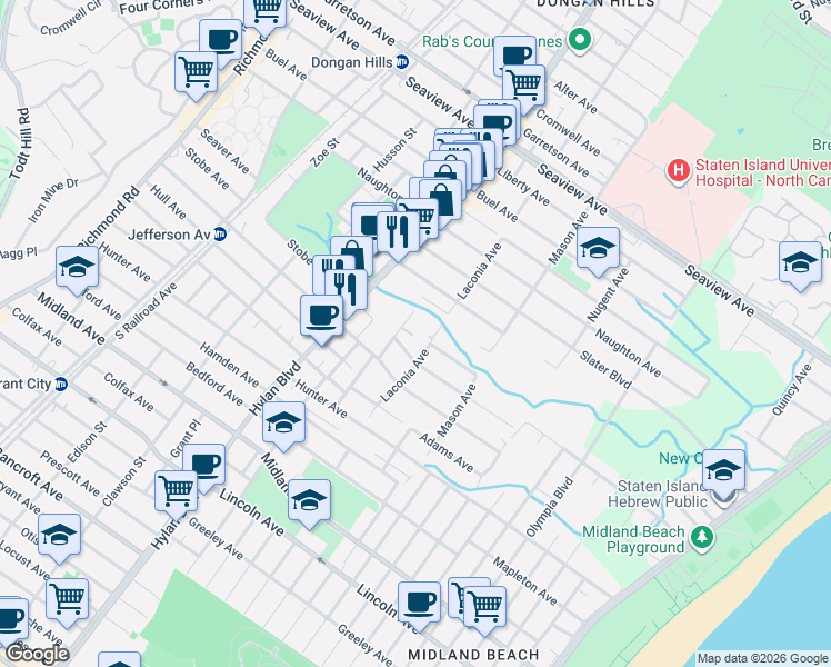 map of restaurants, bars, coffee shops, grocery stores, and more near 629 Laconia Avenue in Staten Island