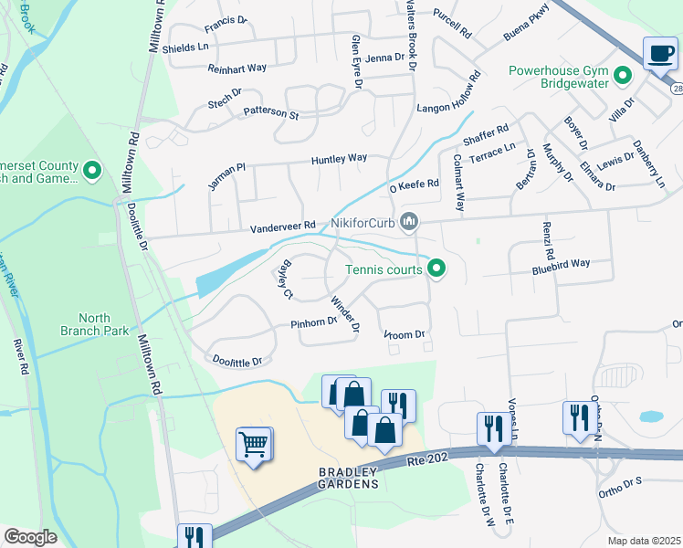 map of restaurants, bars, coffee shops, grocery stores, and more near 404 Reading Circle in Bridgewater Township