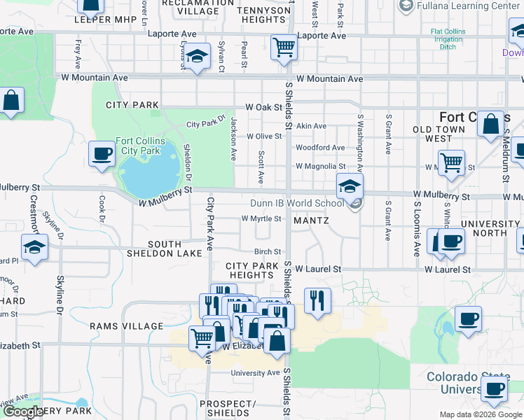 map of restaurants, bars, coffee shops, grocery stores, and more near 1134 West Myrtle Street in Fort Collins