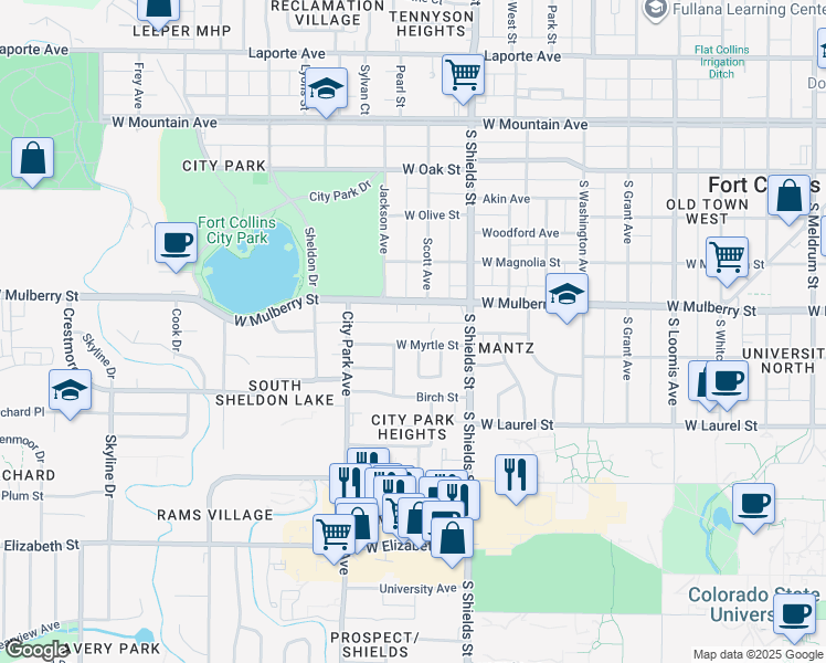 map of restaurants, bars, coffee shops, grocery stores, and more near 1134 West Myrtle Street in Fort Collins