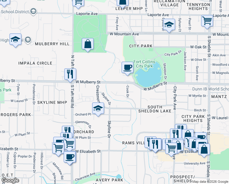 map of restaurants, bars, coffee shops, grocery stores, and more near 1848 Homer Drive in Fort Collins