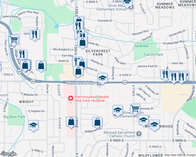 map of restaurants, bars, coffee shops, grocery stores, and more near 1466 Sandy Hills Drive in Sandy