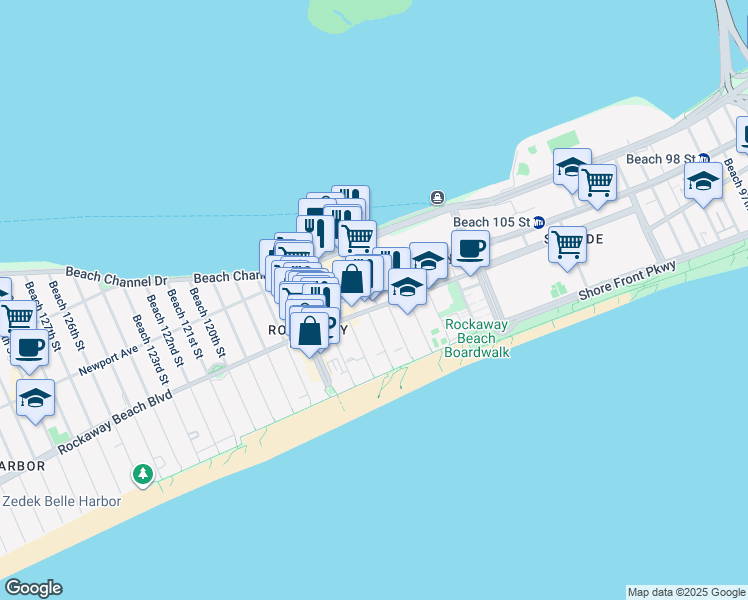 map of restaurants, bars, coffee shops, grocery stores, and more near 112-22 Rockaway Beach Boulevard in Queens