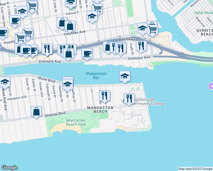map of restaurants, bars, coffee shops, grocery stores, and more near 1624 Shore Boulevard in Brooklyn