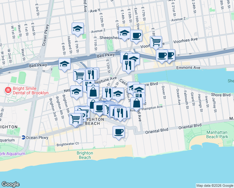 map of restaurants, bars, coffee shops, grocery stores, and more near 2942 Brighton 12th Street in Brooklyn