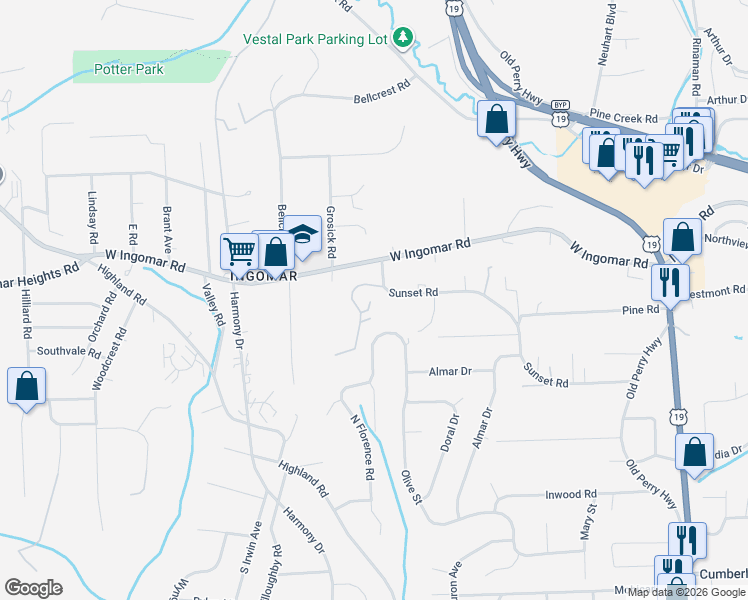 map of restaurants, bars, coffee shops, grocery stores, and more near 9610 Fox Road in Pittsburgh