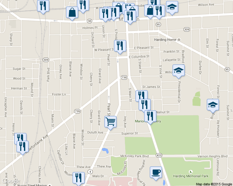 map of restaurants, bars, coffee shops, grocery stores, and more near 475 South Prospect Street in Marion