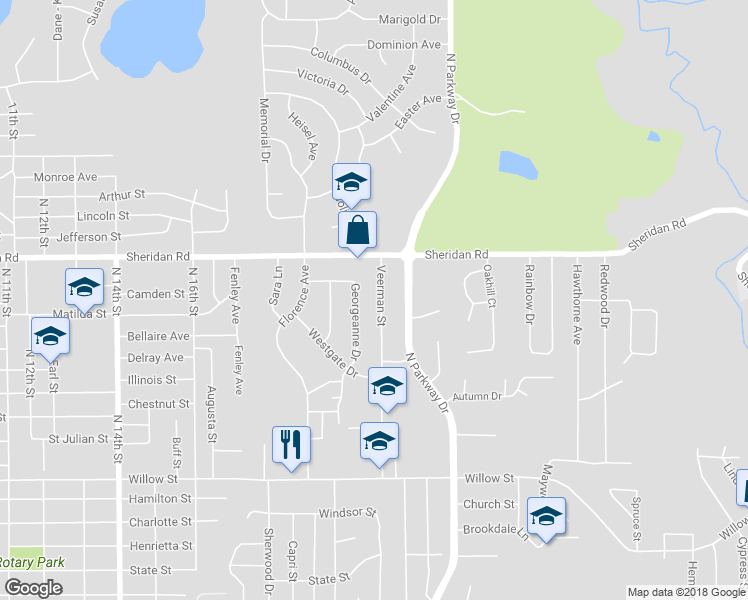 map of restaurants, bars, coffee shops, grocery stores, and more near 1327 Veerman Street in Pekin