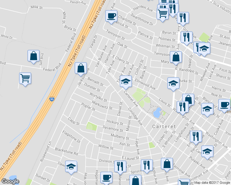 map of restaurants, bars, coffee shops, grocery stores, and more near 93 Coolidge Avenue in Carteret