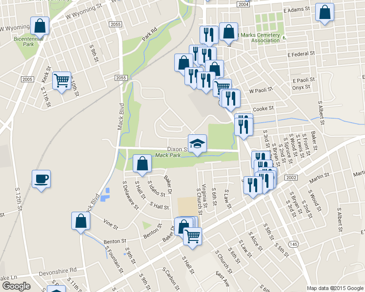 map of restaurants, bars, coffee shops, grocery stores, and more near 671 Dixon Street in Allentown