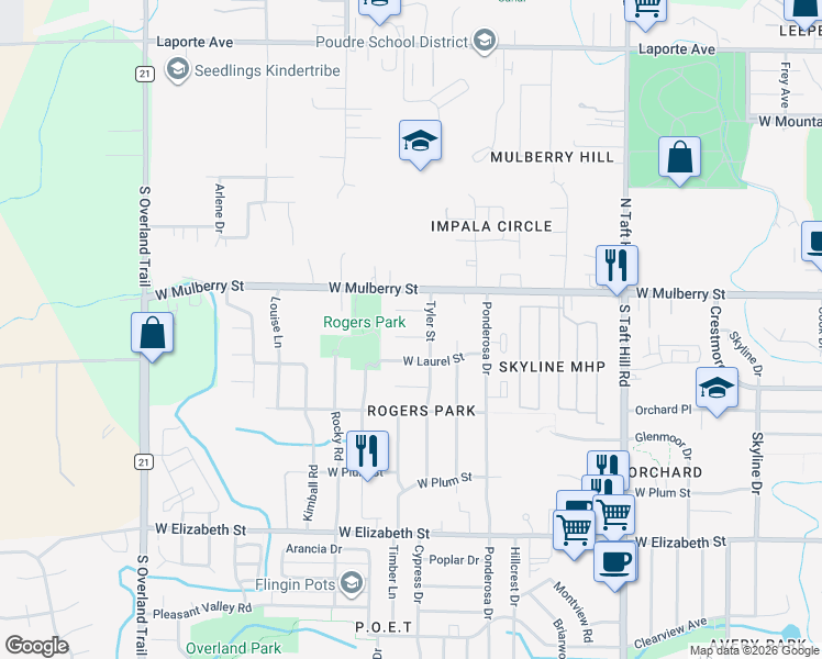 map of restaurants, bars, coffee shops, grocery stores, and more near 2512 Woodvalley Court in Fort Collins