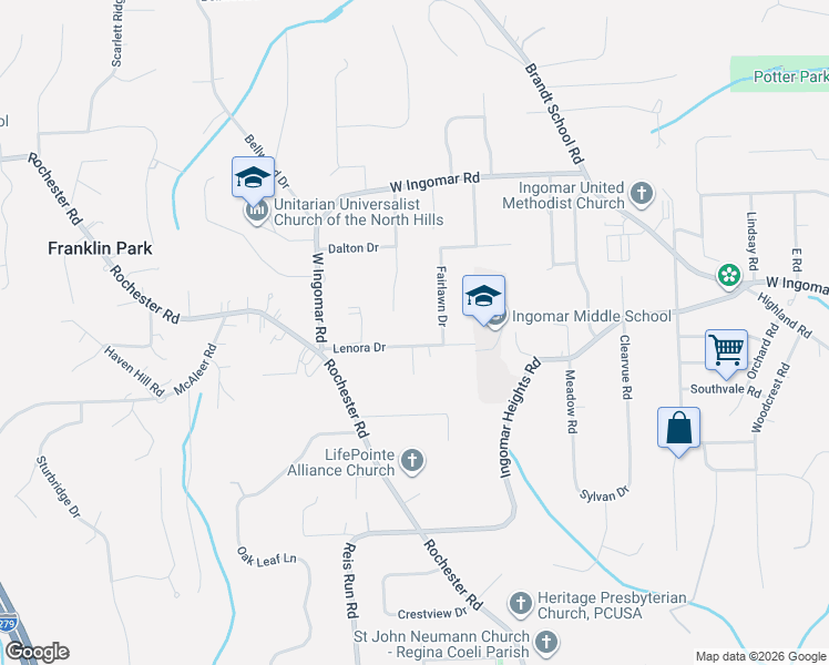 map of restaurants, bars, coffee shops, grocery stores, and more near 1557 Lenora Drive in Pittsburgh
