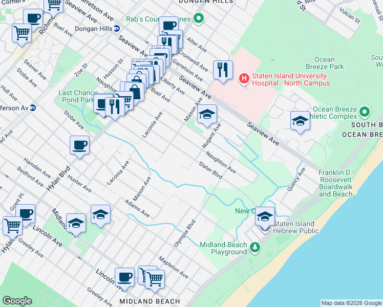 map of restaurants, bars, coffee shops, grocery stores, and more near 185 Slater Boulevard in Staten Island