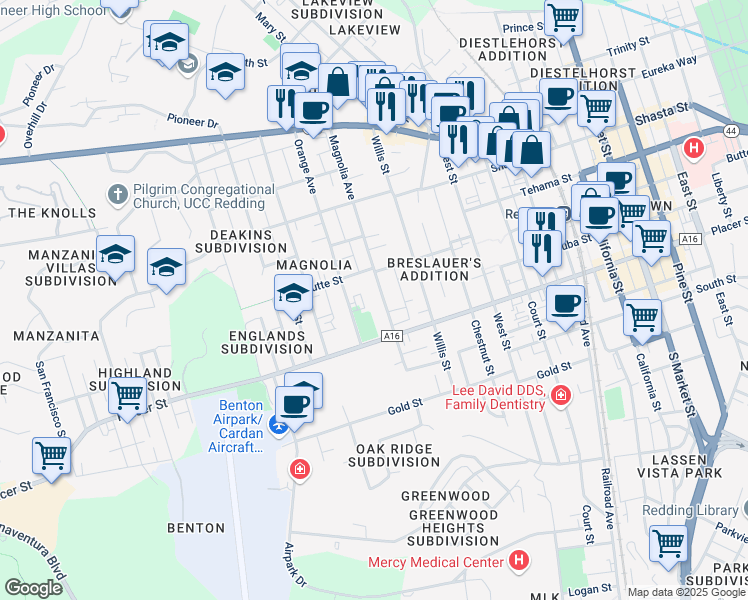 map of restaurants, bars, coffee shops, grocery stores, and more near 1550 Magnolia Avenue in Redding