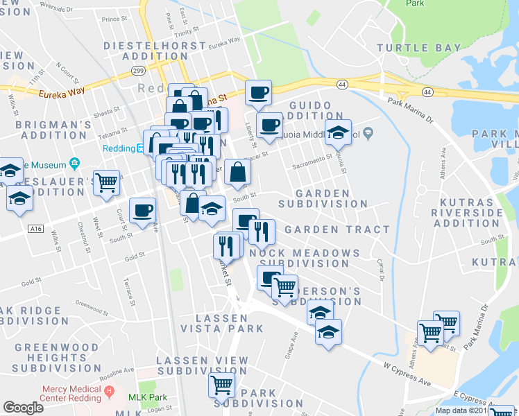 map of restaurants, bars, coffee shops, grocery stores, and more near 1955 East St in Redding