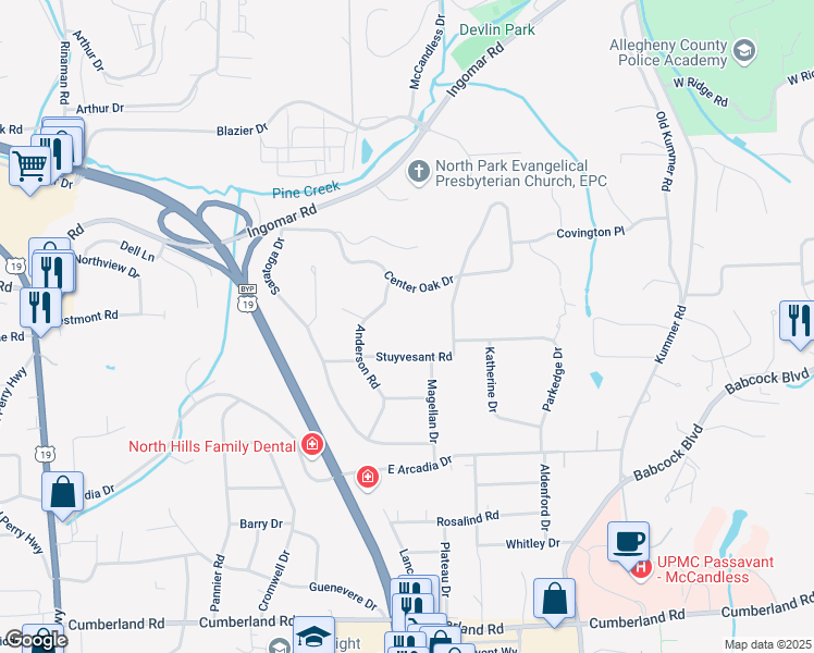 map of restaurants, bars, coffee shops, grocery stores, and more near 9620 Anderson Road in Pittsburgh