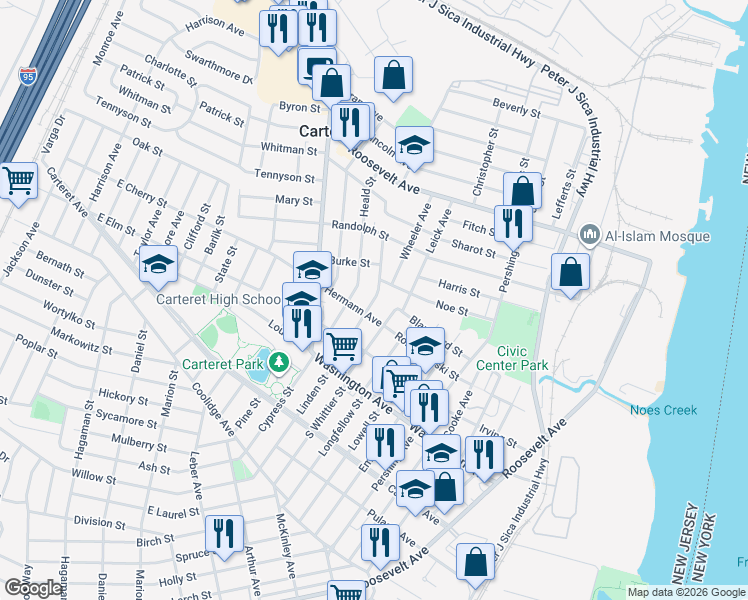 map of restaurants, bars, coffee shops, grocery stores, and more near 115 Linden Street in Carteret