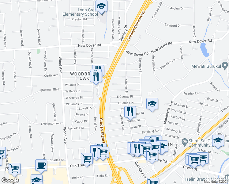 map of restaurants, bars, coffee shops, grocery stores, and more near 184 East Henry Place in Woodbridge Township