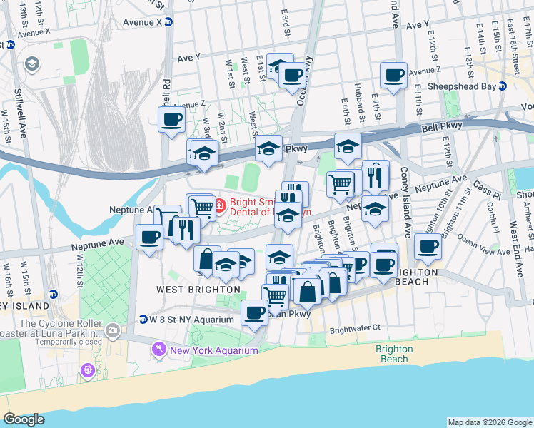 map of restaurants, bars, coffee shops, grocery stores, and more near 2840 Ocean Parkway in Brooklyn