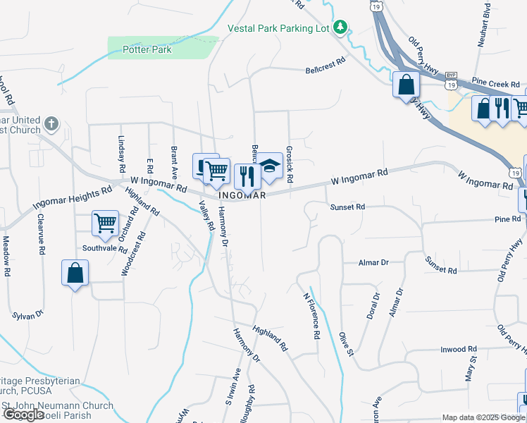 map of restaurants, bars, coffee shops, grocery stores, and more near 9650 Harding Road in Pittsburgh