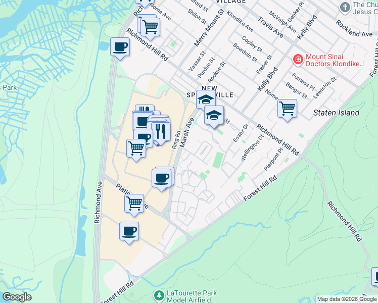 map of restaurants, bars, coffee shops, grocery stores, and more near 30A Elmwood Park Drive in Staten Island