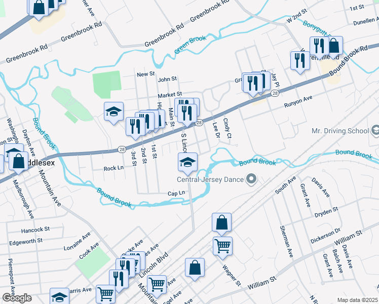 map of restaurants, bars, coffee shops, grocery stores, and more near 150 South Lincoln Avenue in Middlesex