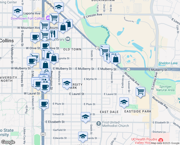 map of restaurants, bars, coffee shops, grocery stores, and more near 513 Smith Street in Fort Collins