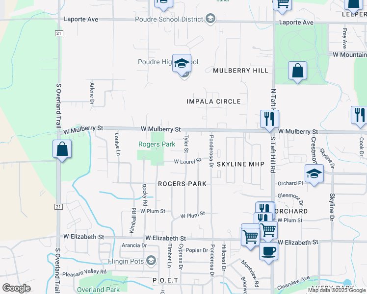 map of restaurants, bars, coffee shops, grocery stores, and more near 2500 Woodvalley Ct in Fort Collins