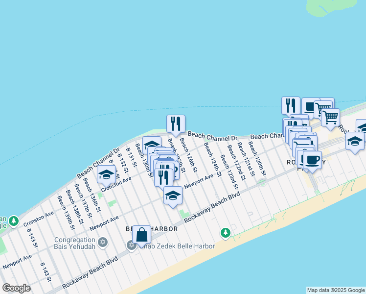 map of restaurants, bars, coffee shops, grocery stores, and more near 511 Beach 126th Street in Queens