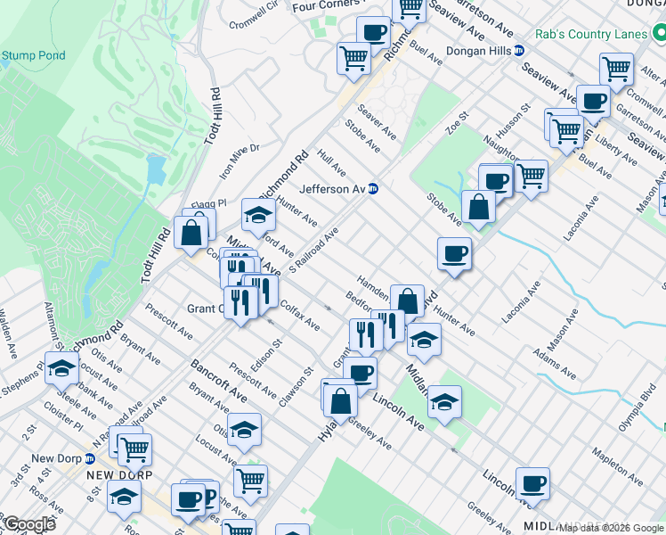 map of restaurants, bars, coffee shops, grocery stores, and more near 136 Hamden Avenue in Staten Island