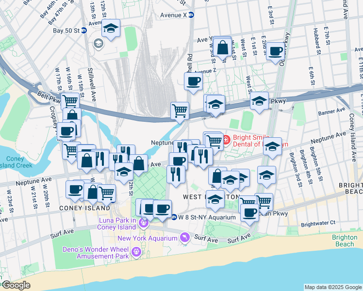 map of restaurants, bars, coffee shops, grocery stores, and more near 2955 Shell Road in Brooklyn