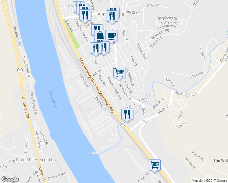 map of restaurants, bars, coffee shops, grocery stores, and more near 227 Maplewood Avenue in Ambridge