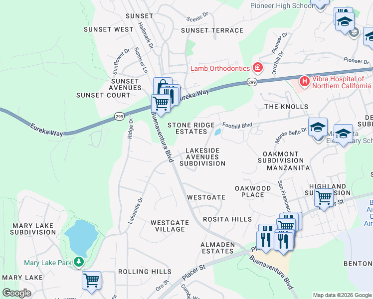 map of restaurants, bars, coffee shops, grocery stores, and more near 1174 Lakeside Drive in Redding