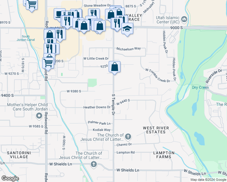 map of restaurants, bars, coffee shops, grocery stores, and more near 8686 South Temple Drive in South Jordan