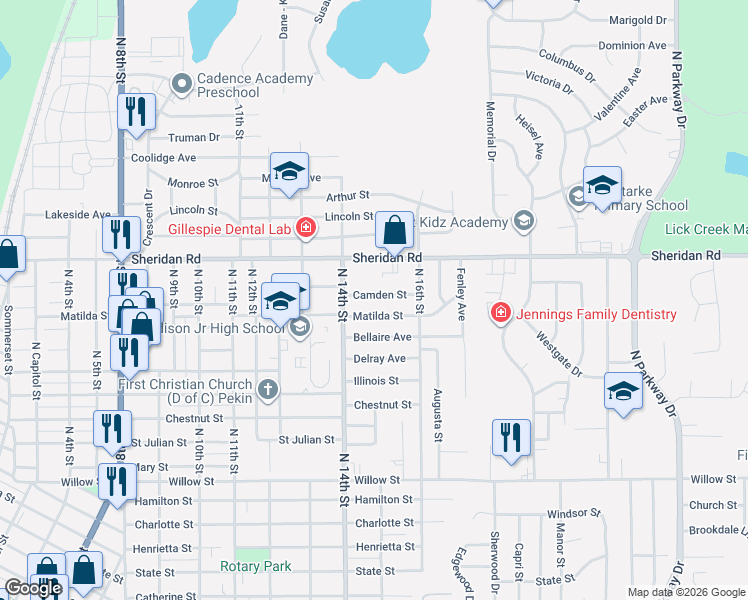 map of restaurants, bars, coffee shops, grocery stores, and more near 1420 Camden Street in Pekin