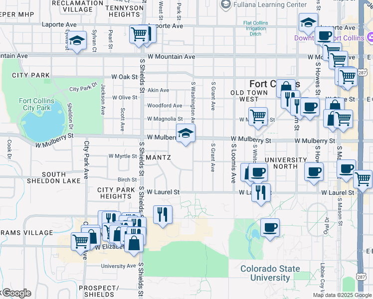 map of restaurants, bars, coffee shops, grocery stores, and more near 501 South Washington Avenue in Fort Collins