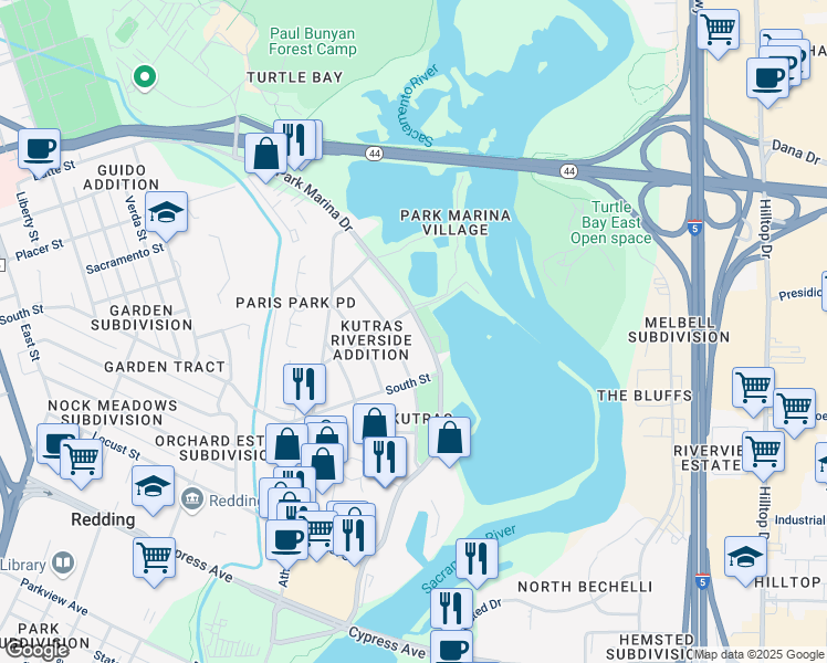 map of restaurants, bars, coffee shops, grocery stores, and more near 2228 Park Marina Drive in Redding