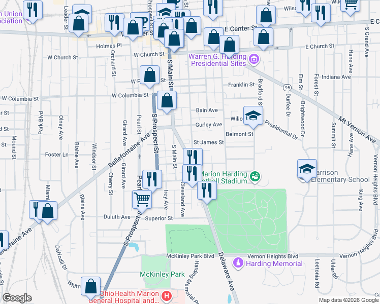 map of restaurants, bars, coffee shops, grocery stores, and more near 495 South State Street in Marion