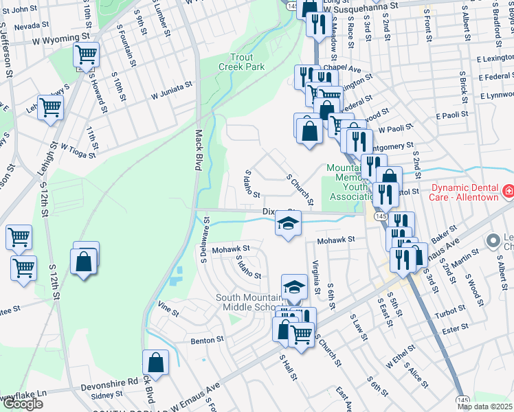 map of restaurants, bars, coffee shops, grocery stores, and more near 709 Dixon Street in Allentown