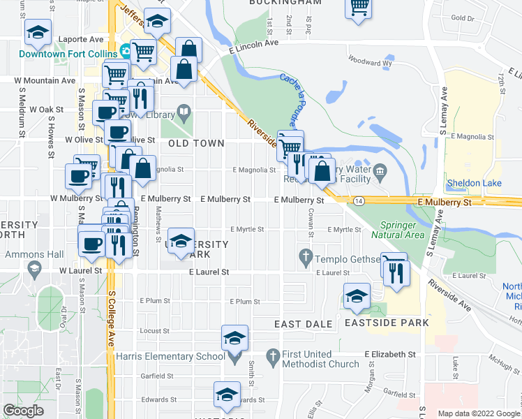 map of restaurants, bars, coffee shops, grocery stores, and more near 508 Smith Street in Fort Collins