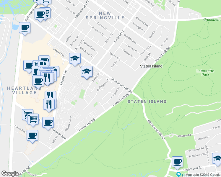 map of restaurants, bars, coffee shops, grocery stores, and more near 30 Belmar Drive East in Staten Island