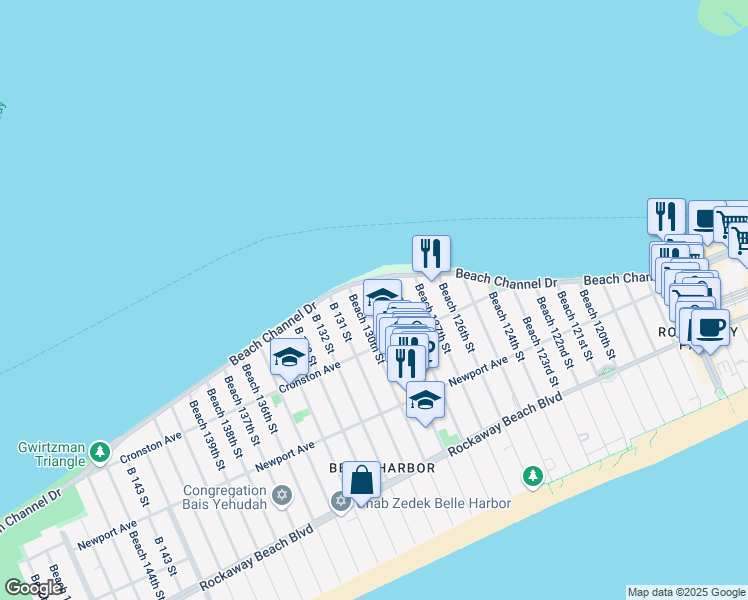 map of restaurants, bars, coffee shops, grocery stores, and more near 547 Beach 129th Street in Queens