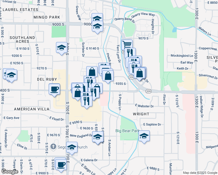map of restaurants, bars, coffee shops, grocery stores, and more near 915 East 9400 South in Sandy