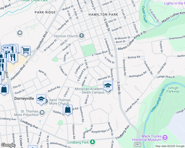 map of restaurants, bars, coffee shops, grocery stores, and more near 827 South Ott Street in Allentown